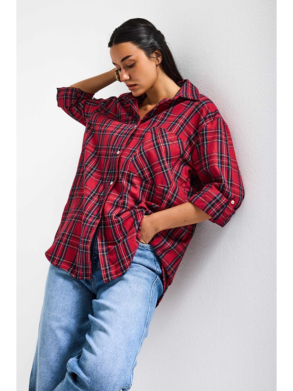 Kadın Kırmızı Ekose s6-11 Oversize Bol Kesim Pamuk Gömlek-3
