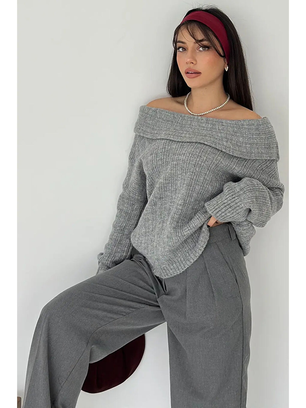 Kadın Madonna Yaka Triko Gri-1