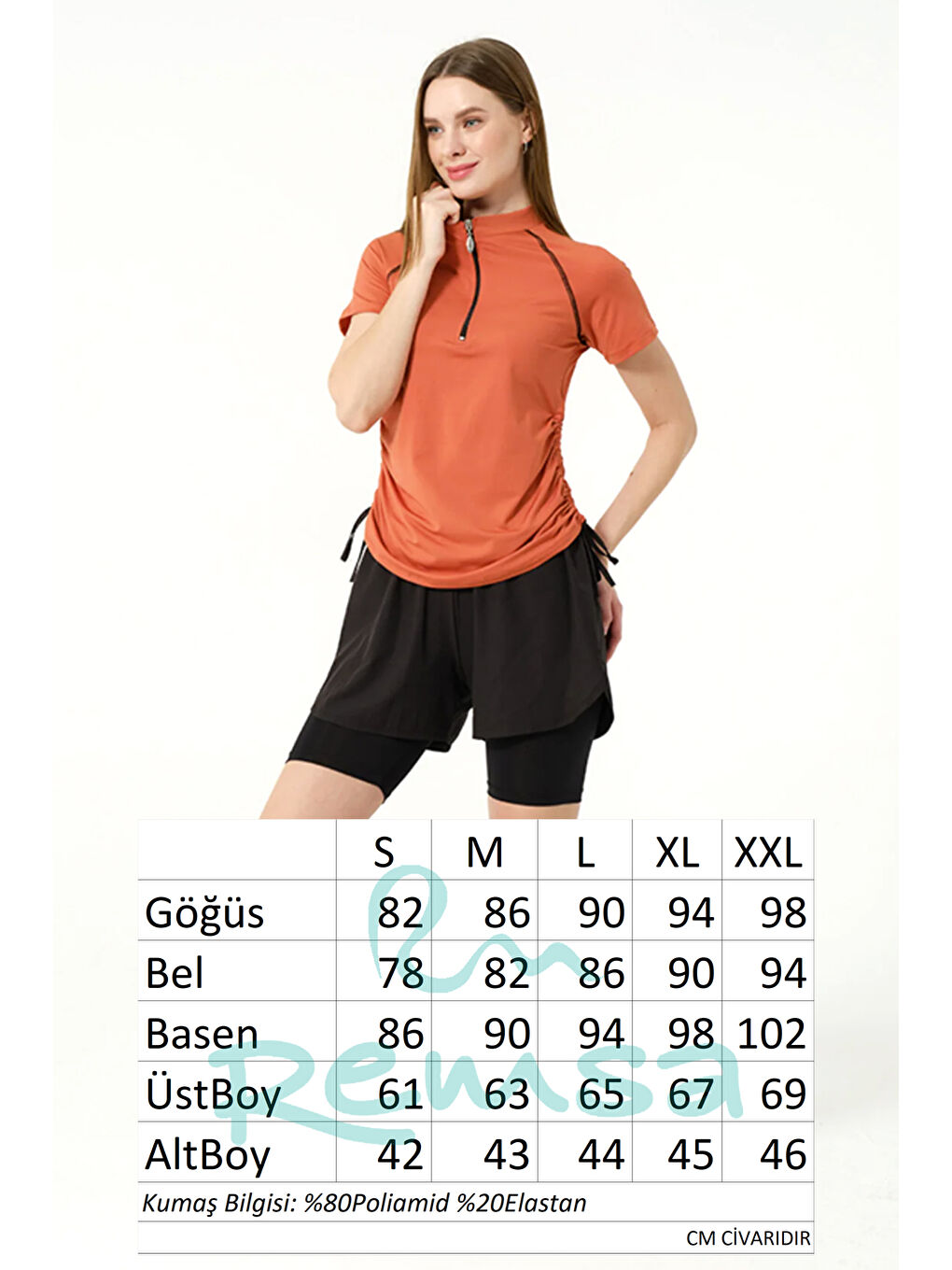 Kahverengi Kısa Kol Yarım Fermuarlı Şortlu Taytlı Yarı Kapalı Mayo 24156 Kiremit-3