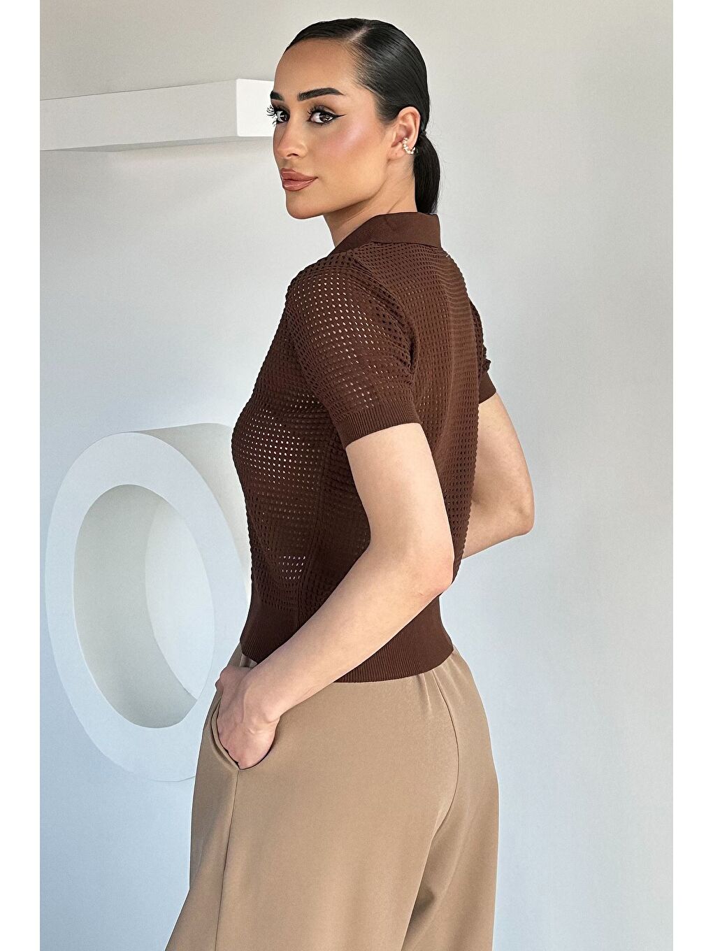 Kahverengi Kadın Polo Yaka Yarım Fermuarlı Triko Bluz-3