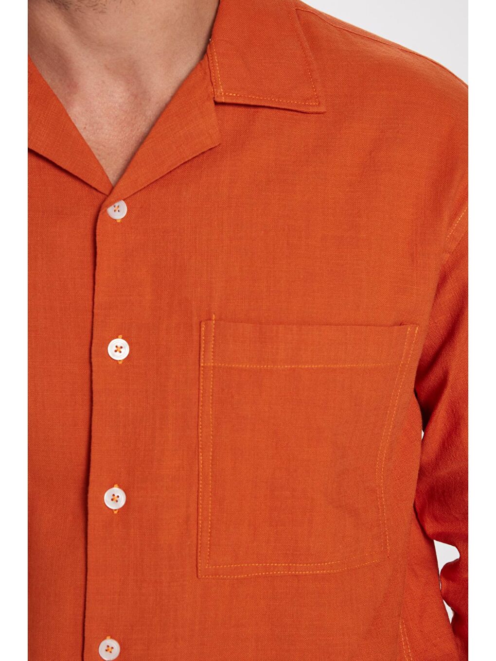 Kahverengi Erkek Relax Fit Rahat Kesim %100 Pamuk Keten Doku Apaş Yaka Kiremit Gömlek-3