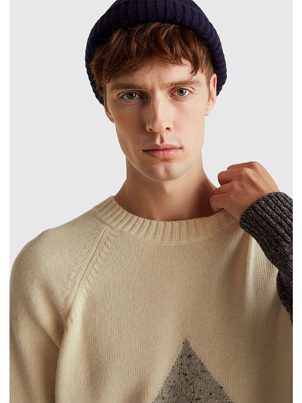 Ekru Erkek Krem Yün Karışımlı Baklava Desenli Ribana Detaylı Kazak-5