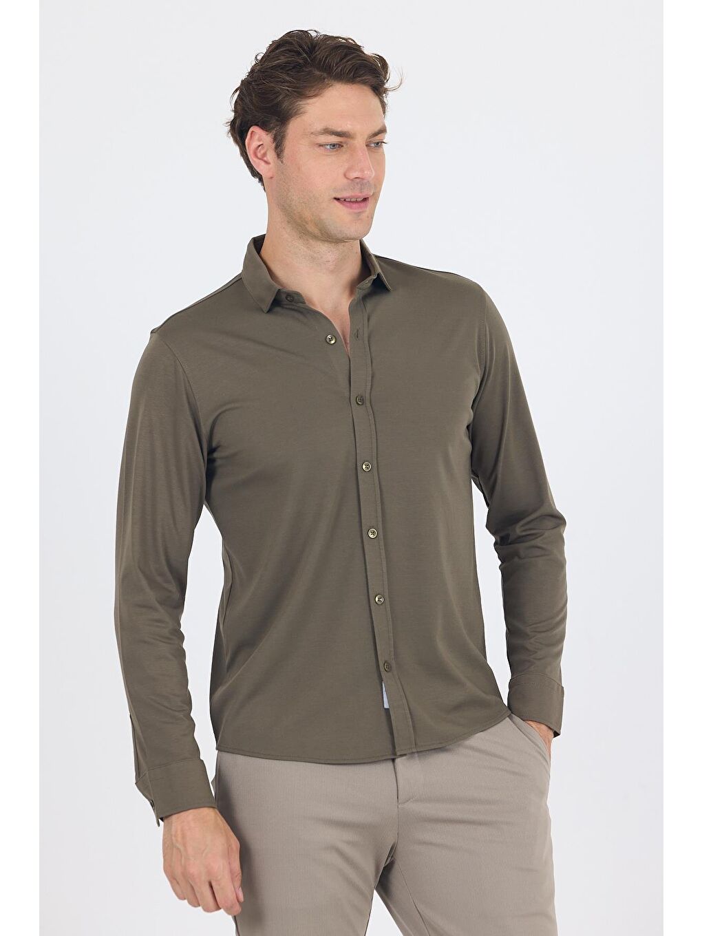 Koyu Haki Uzun Kol Düz Örme Polo Yaka Cepsiz Esnek Classic Slim Fit Gömlek 1004250153_720