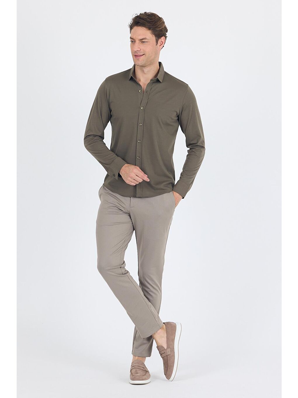 Koyu Haki Uzun Kol Düz Örme Polo Yaka Cepsiz Esnek Classic Slim Fit Gömlek 1004250153_720-1