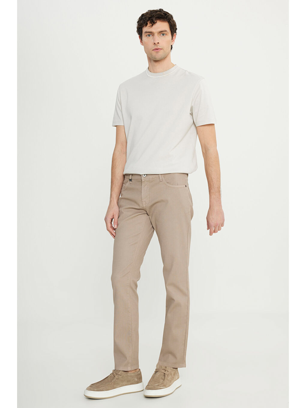 Erkek Bej Pamuklu Slim Fit Dar Kesim 5 Cep Armürlü Esnek Casual Pantolon-1