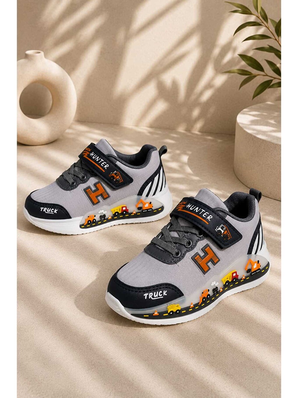 Gri Çocuk, Günlük Spor Ayakkabı, Cırt Cırtlı, Sticker Baskılı, Hafif Kaymaz Taban Rahat Sneaker-1