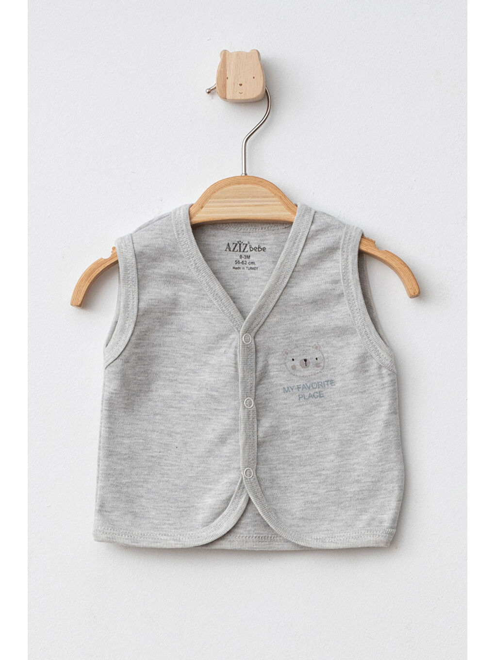 Gri Erkek Bebek Çıtçıtlı Ayı Desenli Yelek 3 Ay - 24 Ay