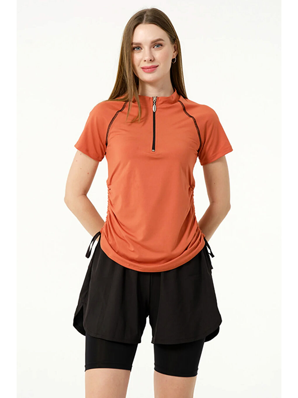 Kahverengi Kısa Kol Yarım Fermuarlı Şortlu Taytlı Yarı Kapalı Mayo 24156 Kiremit-4