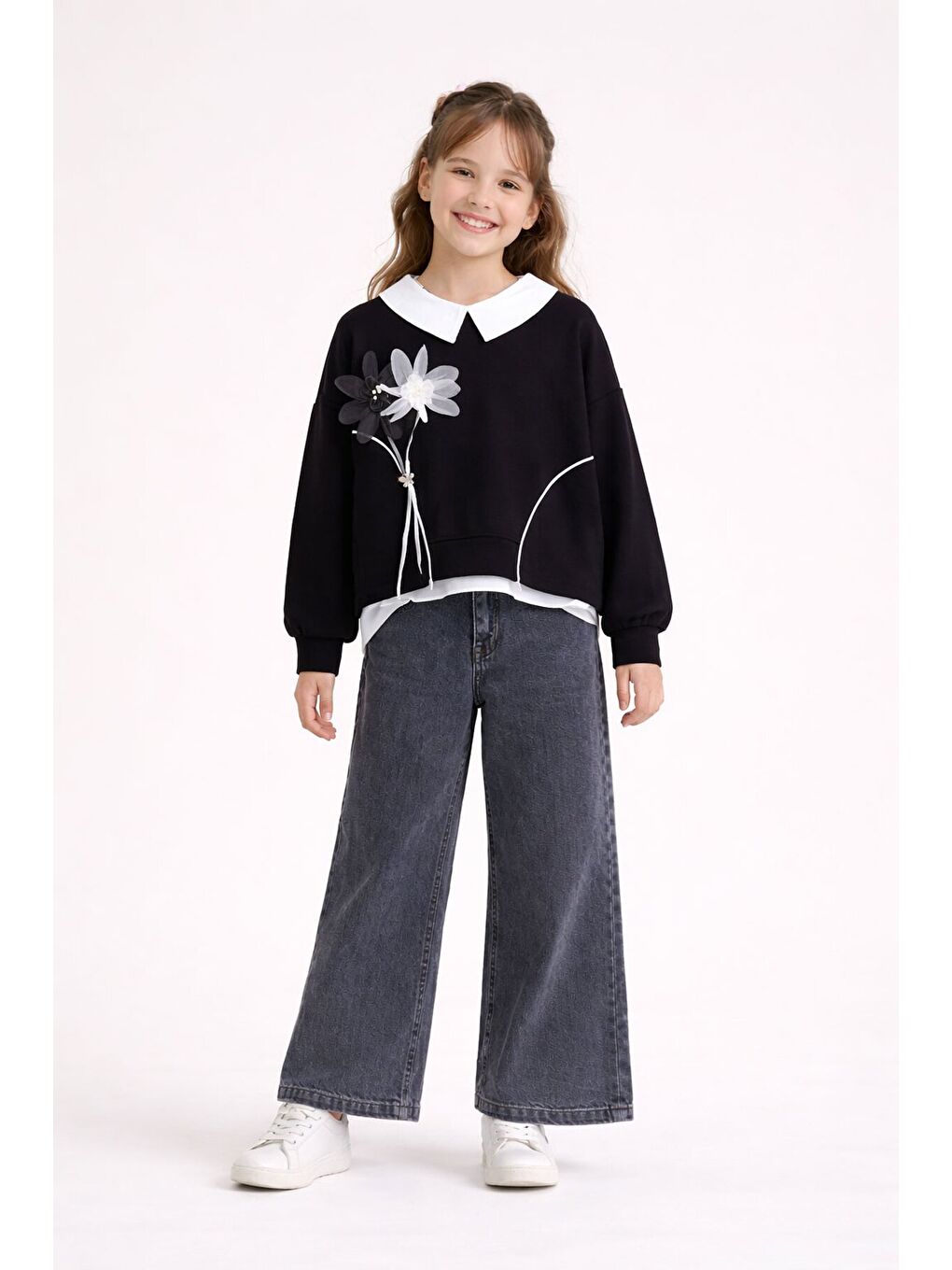 Siyah Çiçek Detaylı Badili Gömlekli Kız Çocuk 3lü Alt Üst Takım 23529
