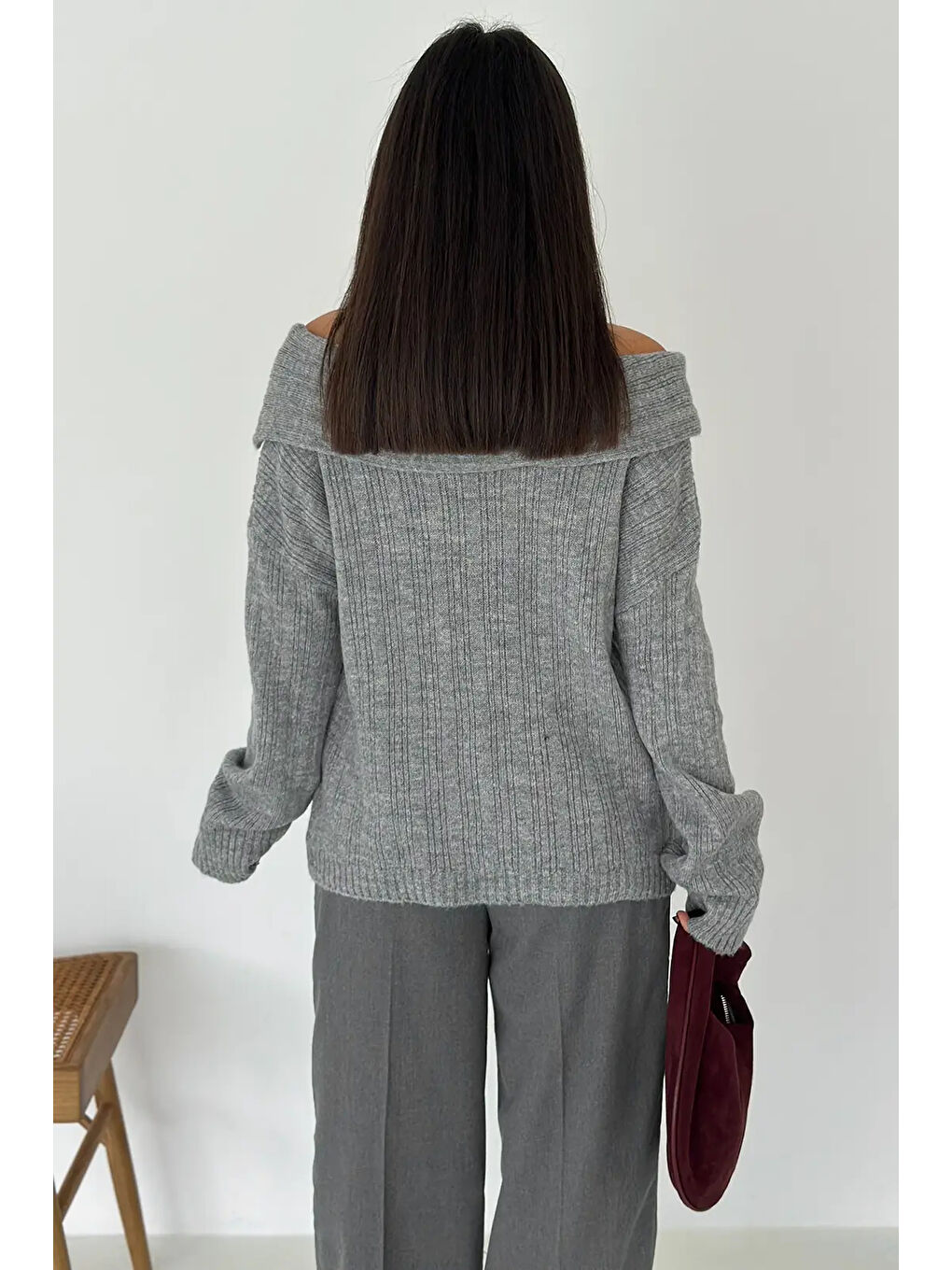 Kadın Madonna Yaka Triko Gri-2