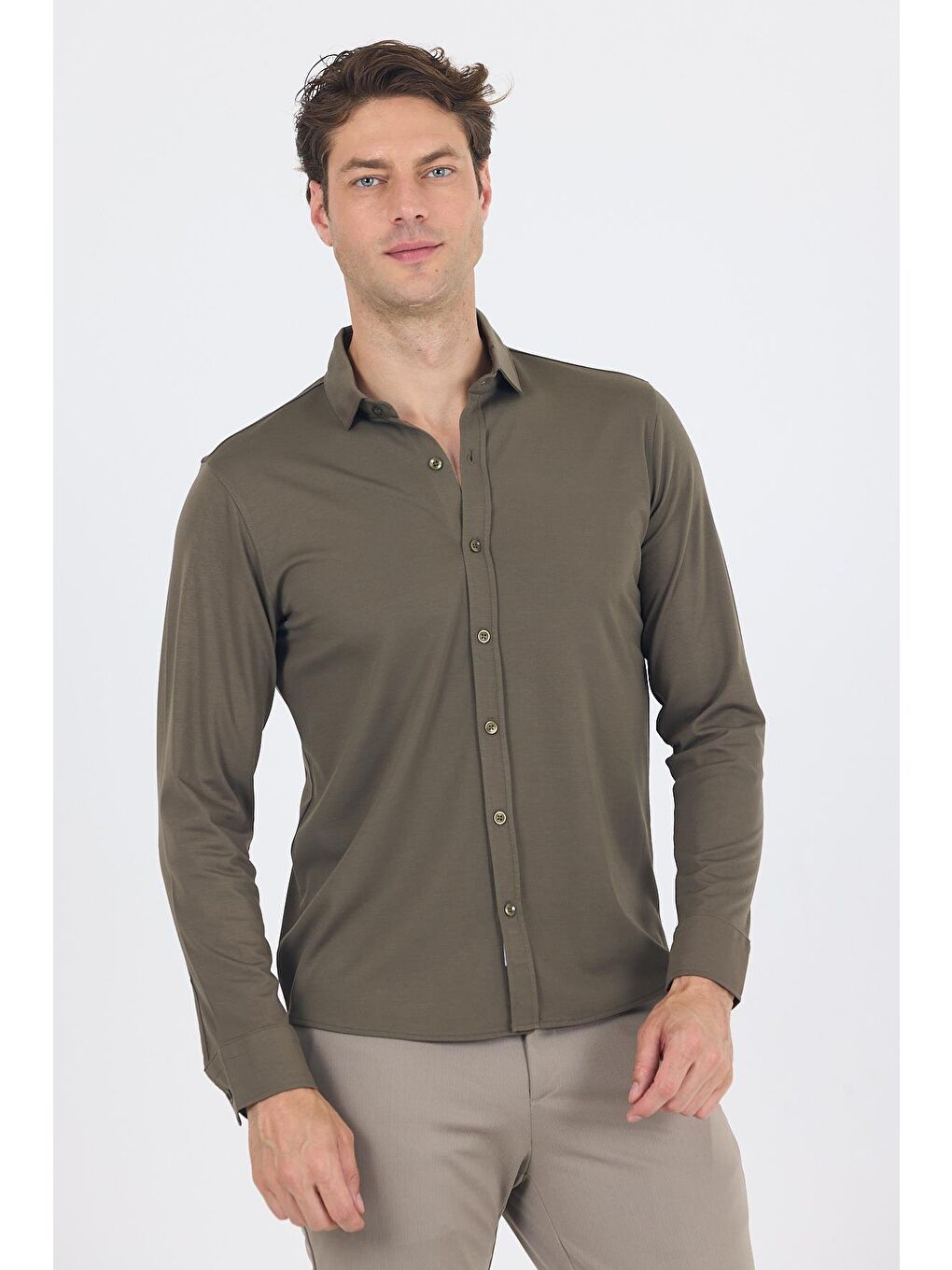 Koyu Haki Uzun Kol Düz Örme Polo Yaka Cepsiz Esnek Classic Slim Fit Gömlek 1004250153_720-2