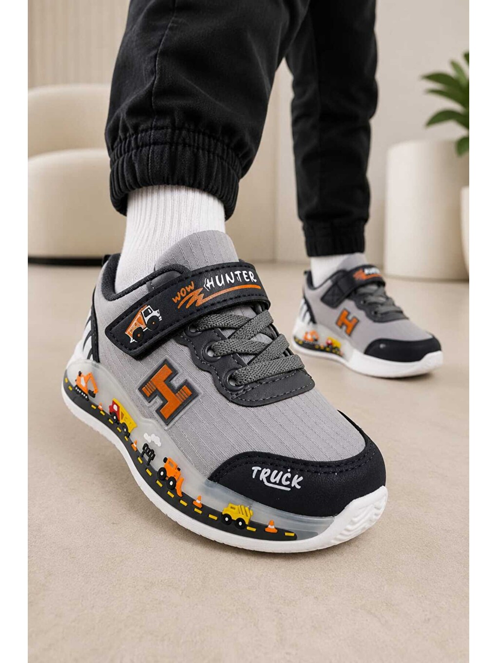 Gri Çocuk, Günlük Spor Ayakkabı, Cırt Cırtlı, Sticker Baskılı, Hafif Kaymaz Taban Rahat Sneaker-2