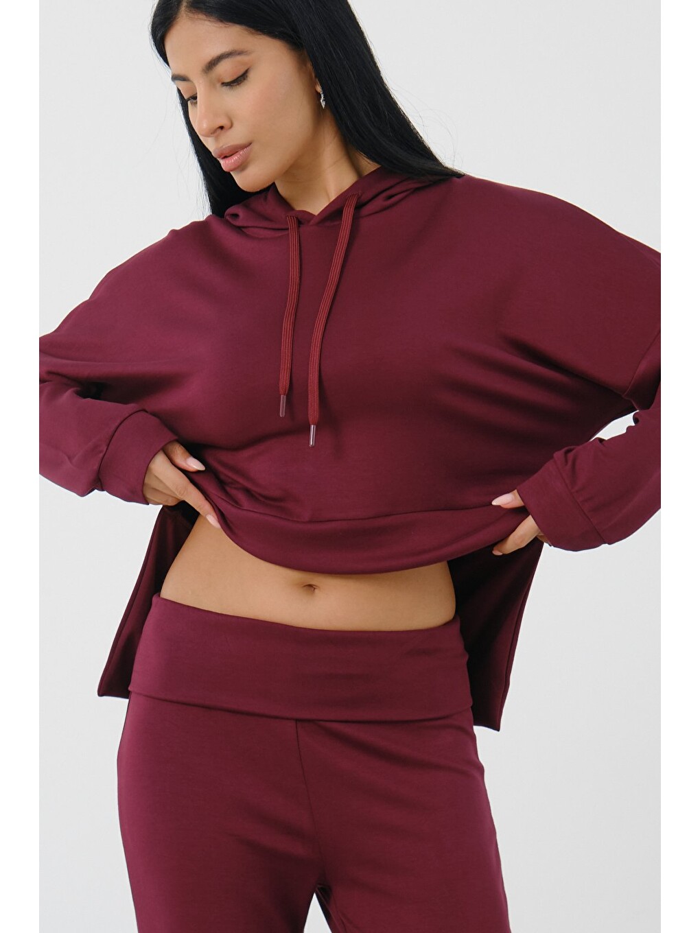 Bordo Kadın Kapüşonlu Salaş Takım Oversize Sweat ve Geniş Paça Alt-2