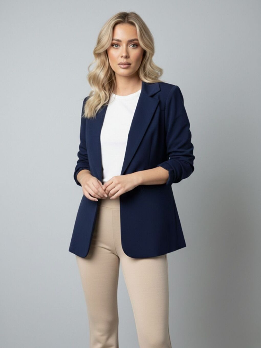 Kadın Lacivert Elastanlı Krep Kumaş Blazer Ceket