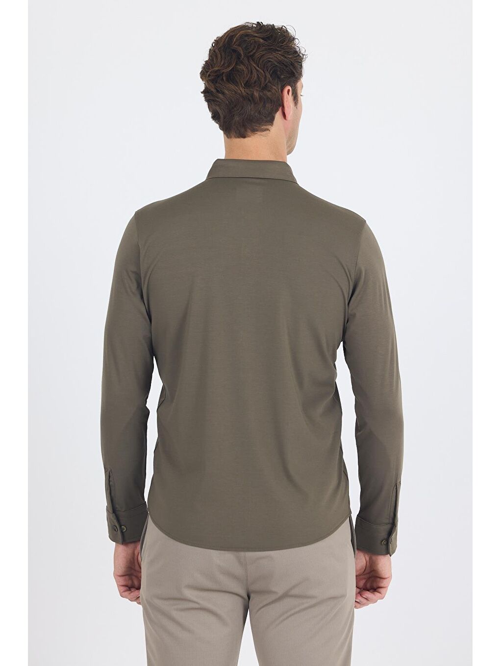 Koyu Haki Uzun Kol Düz Örme Polo Yaka Cepsiz Esnek Classic Slim Fit Gömlek 1004250153_720-4