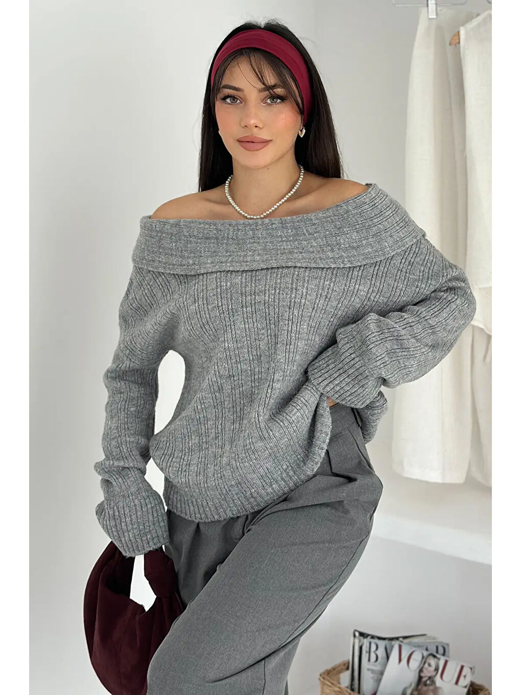 Kadın Madonna Yaka Triko Gri-3