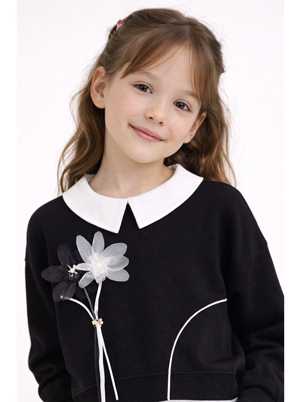 Siyah Çiçek Detaylı Badili Gömlekli Kız Çocuk 3lü Alt Üst Takım 23529-1