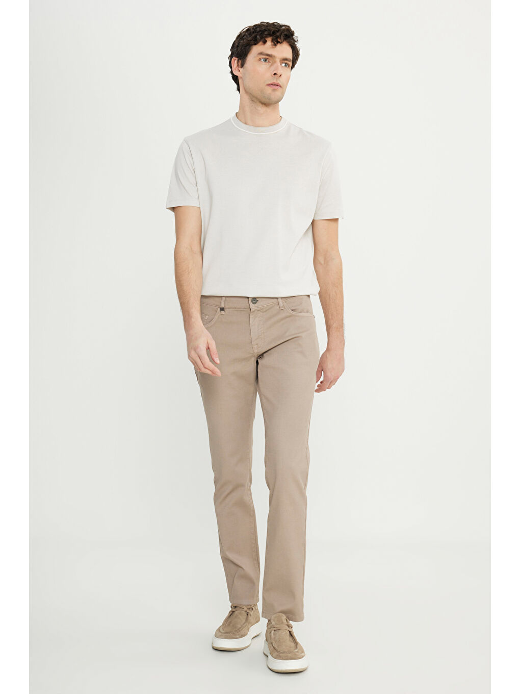 Erkek Bej Pamuklu Slim Fit Dar Kesim 5 Cep Armürlü Esnek Casual Pantolon-2