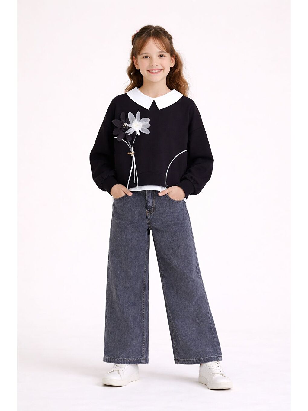 Siyah Çiçek Detaylı Badili Gömlekli Kız Çocuk 3lü Alt Üst Takım 23529-2