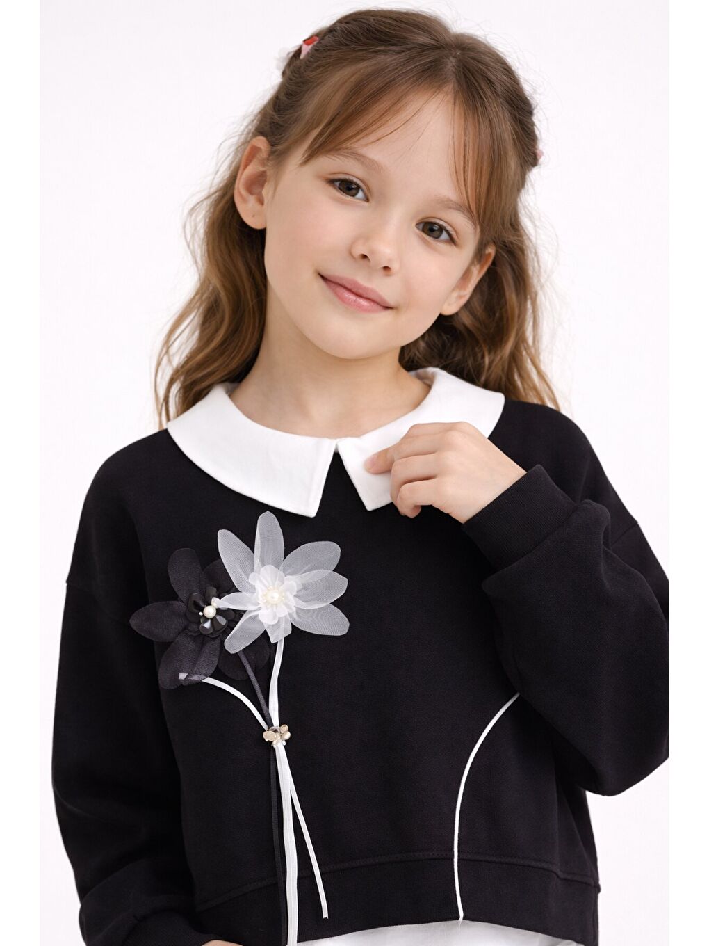 Siyah Çiçek Detaylı Badili Gömlekli Kız Çocuk 3lü Alt Üst Takım 23529-3