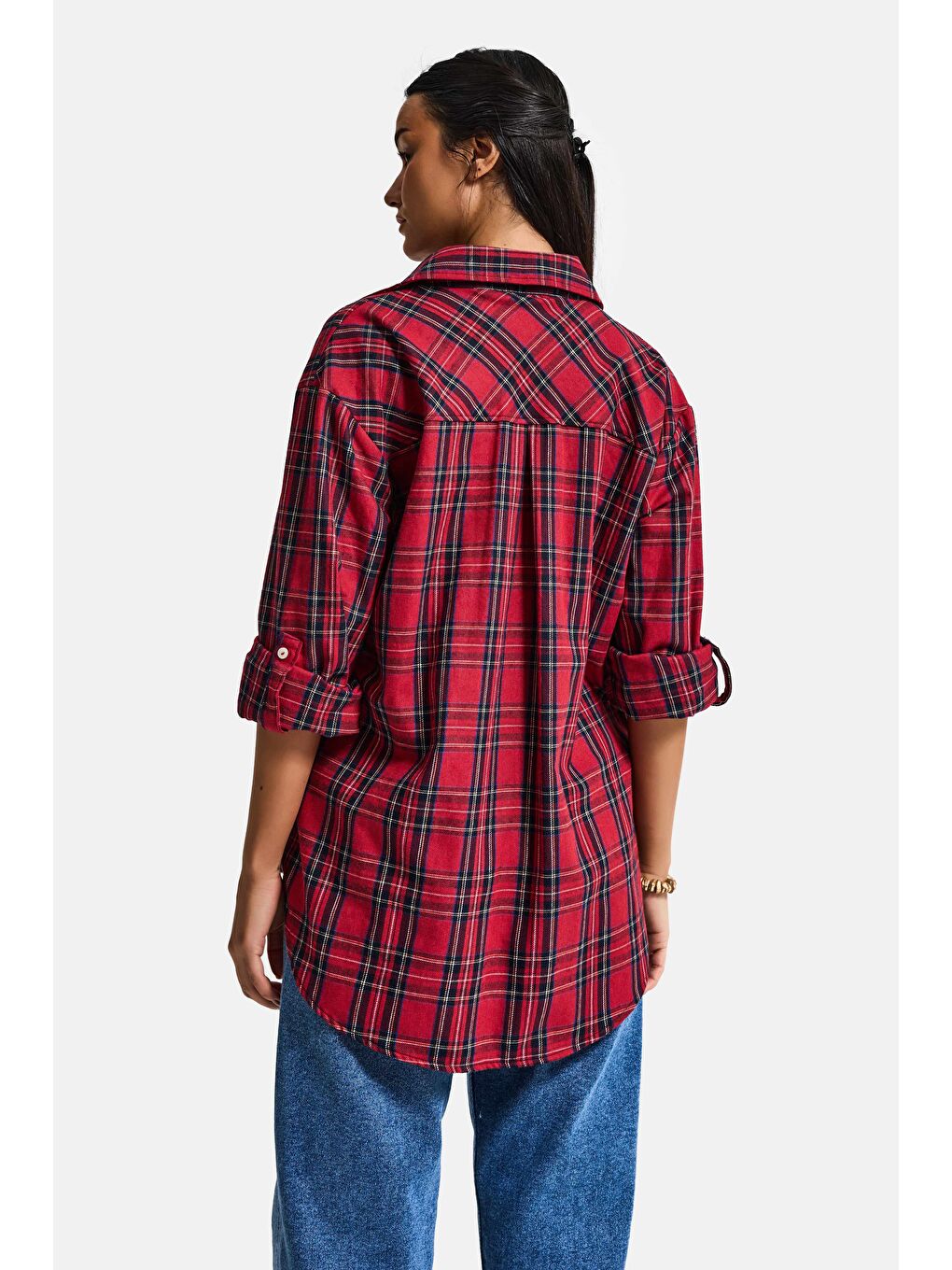 Kadın Kırmızı Ekose s6-11 Oversize Bol Kesim Pamuk Gömlek-5