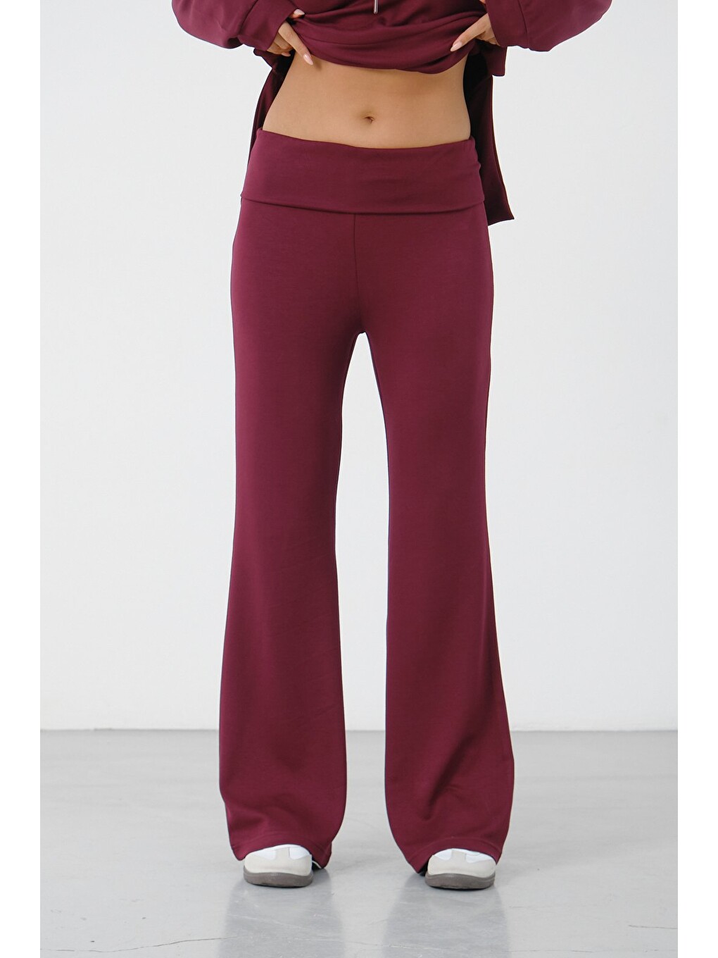 Bordo Kadın Kapüşonlu Salaş Takım Oversize Sweat ve Geniş Paça Alt-3