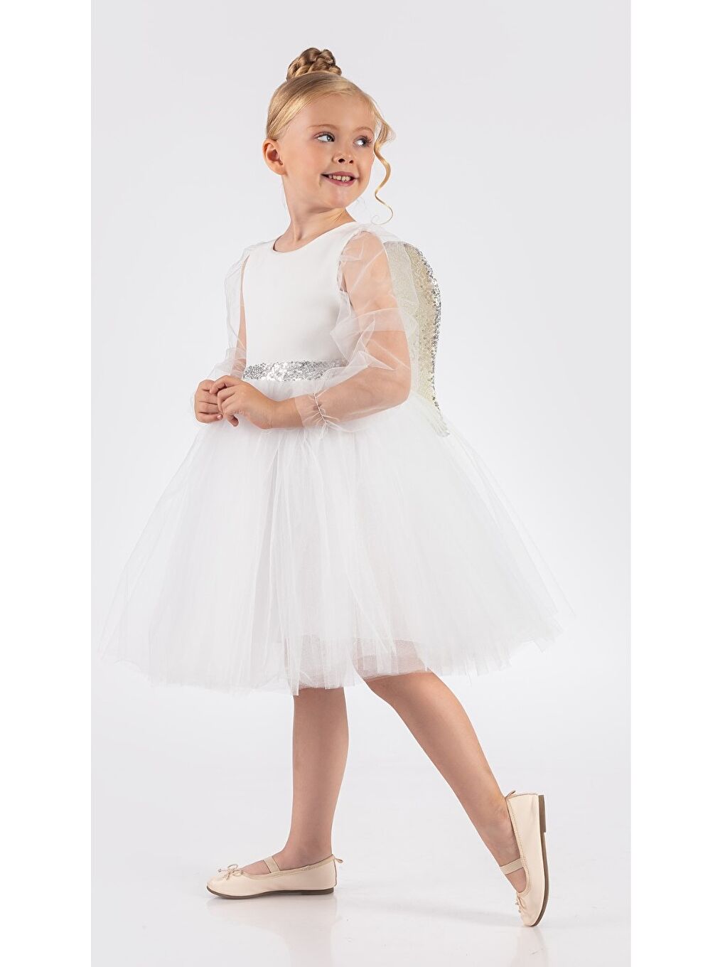 Beyaz Kanatlı Kız Çocuk Şifon Kol Abiye MNK0534-2