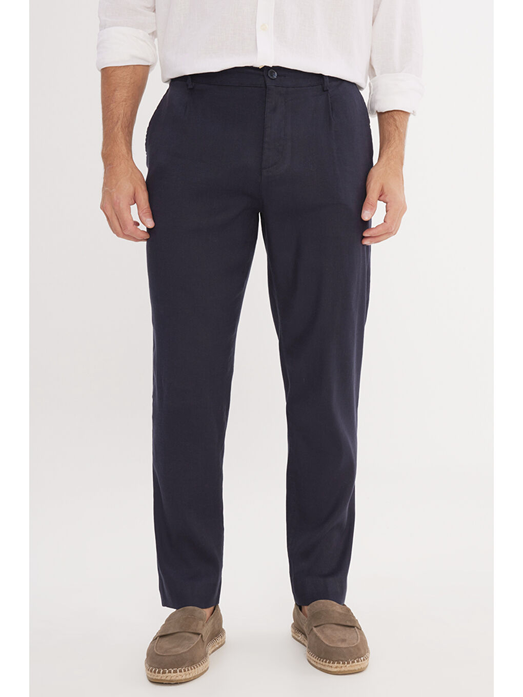 Erkek Lacivert Keten Slim Fit Dar Kesim Beli Lastikli Yan Cepli Esnek Pantolon