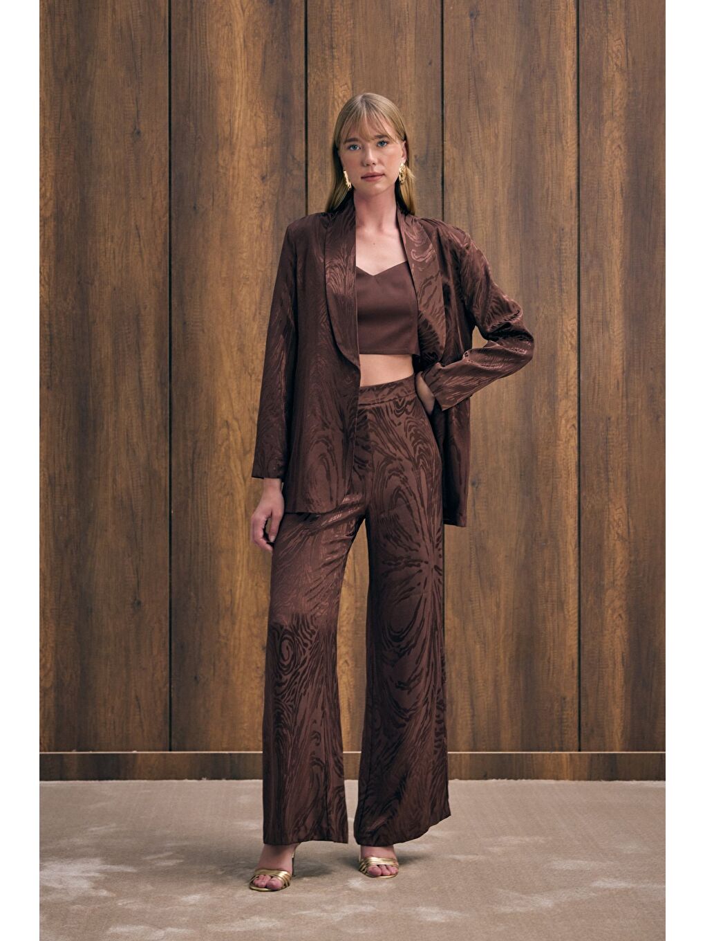 Kahverengi Yüksek Bel Desenli Pantolon - Kahve-2