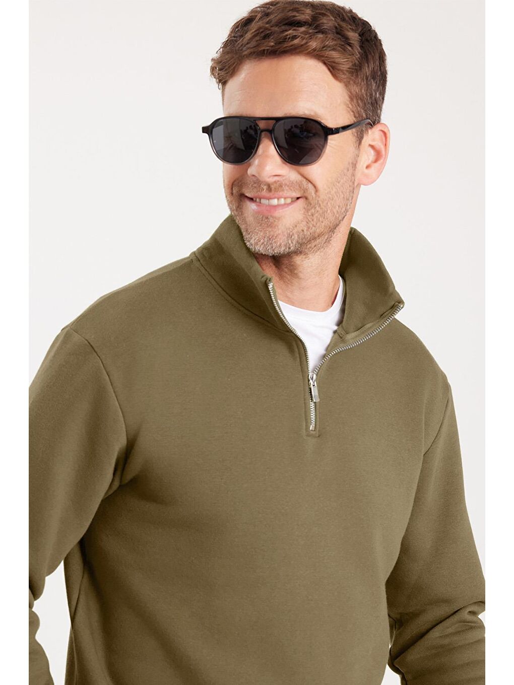 Unisex Relax Fit Rahat Kesim Pamuklu İçi Polarlı Yarım Fermuarlı Haki Dik Yaka Sweatshirt-1