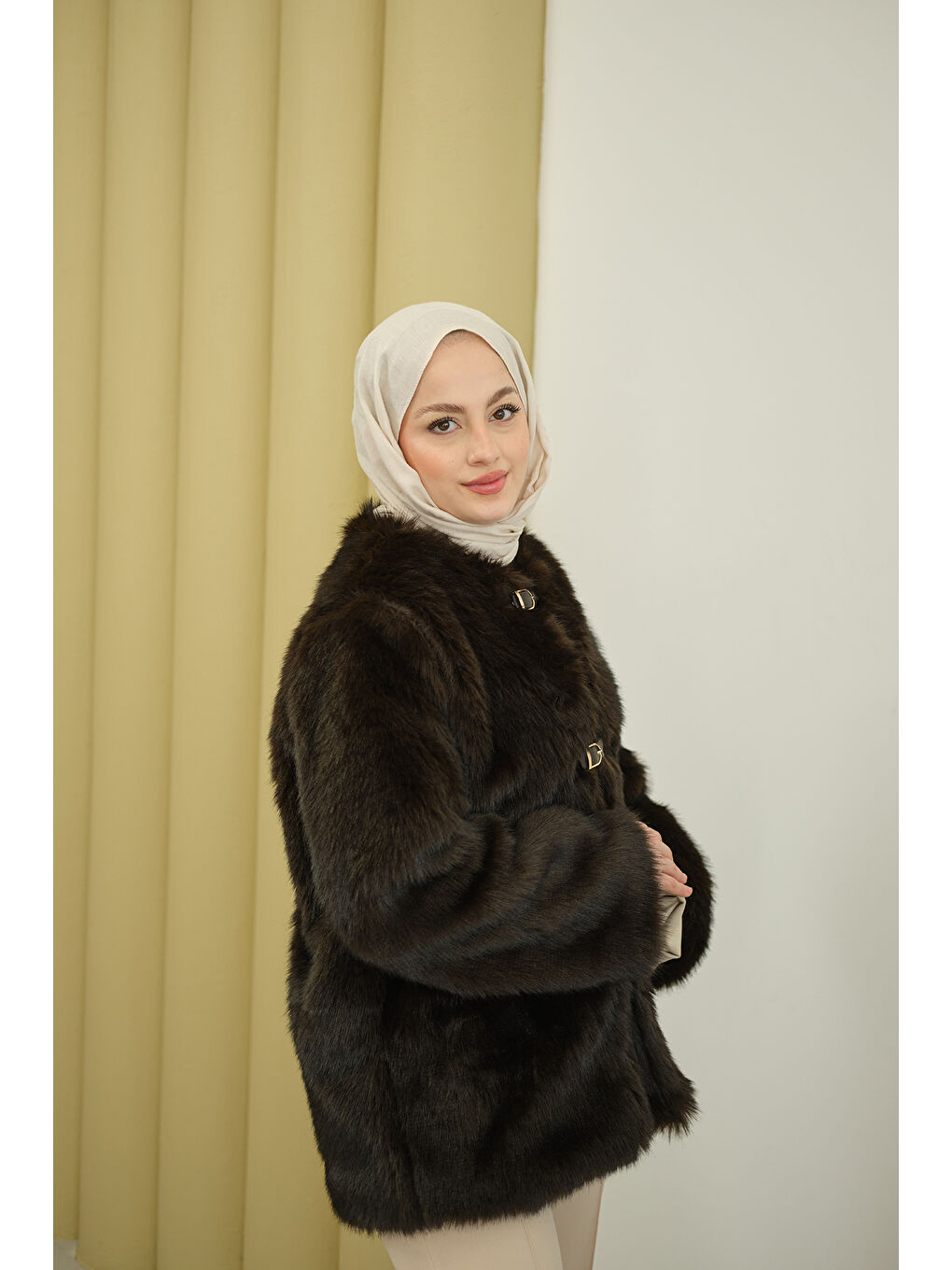 Kadın Deri Kemer Tüylü Uzun Kaban Kahverengi-2