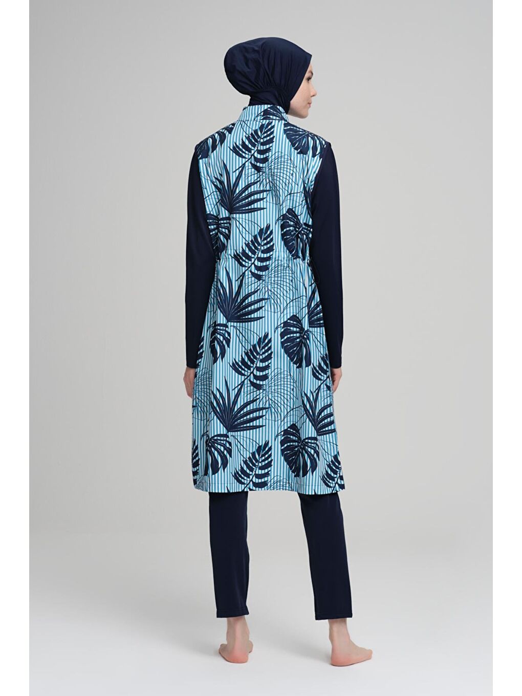 Mavi Çizgi Desenli Lacivert Jileli 3 Parça Tam Tesettür Mayo Takımı 2211-1