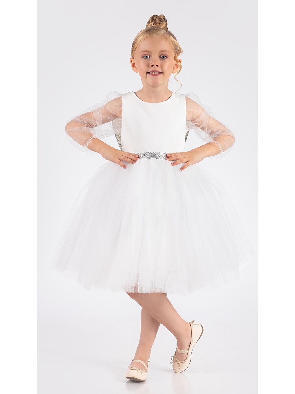 Beyaz Kanatlı Kız Çocuk Şifon Kol Abiye MNK0534-6