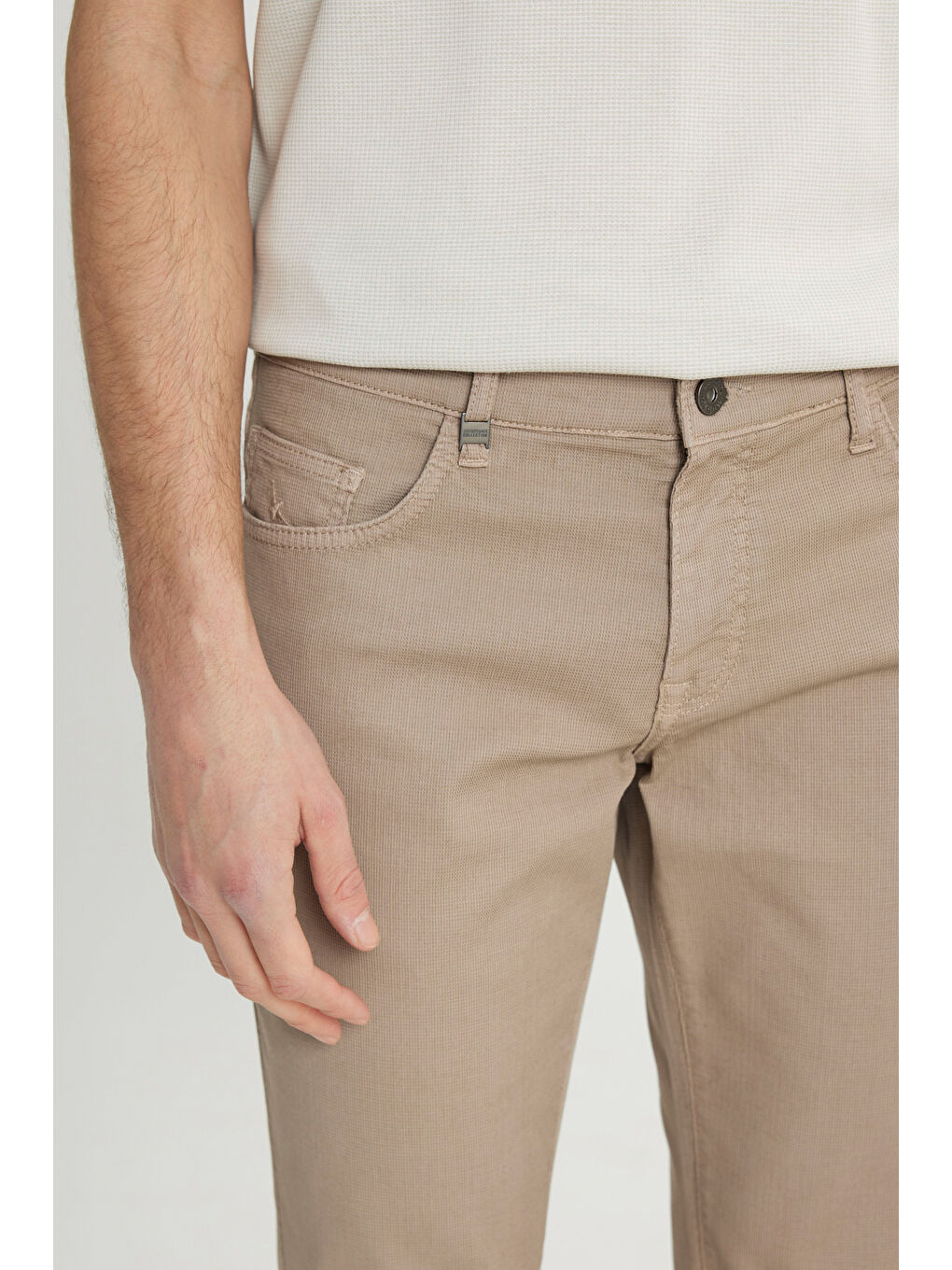 Erkek Bej Pamuklu Slim Fit Dar Kesim 5 Cep Armürlü Esnek Casual Pantolon-3