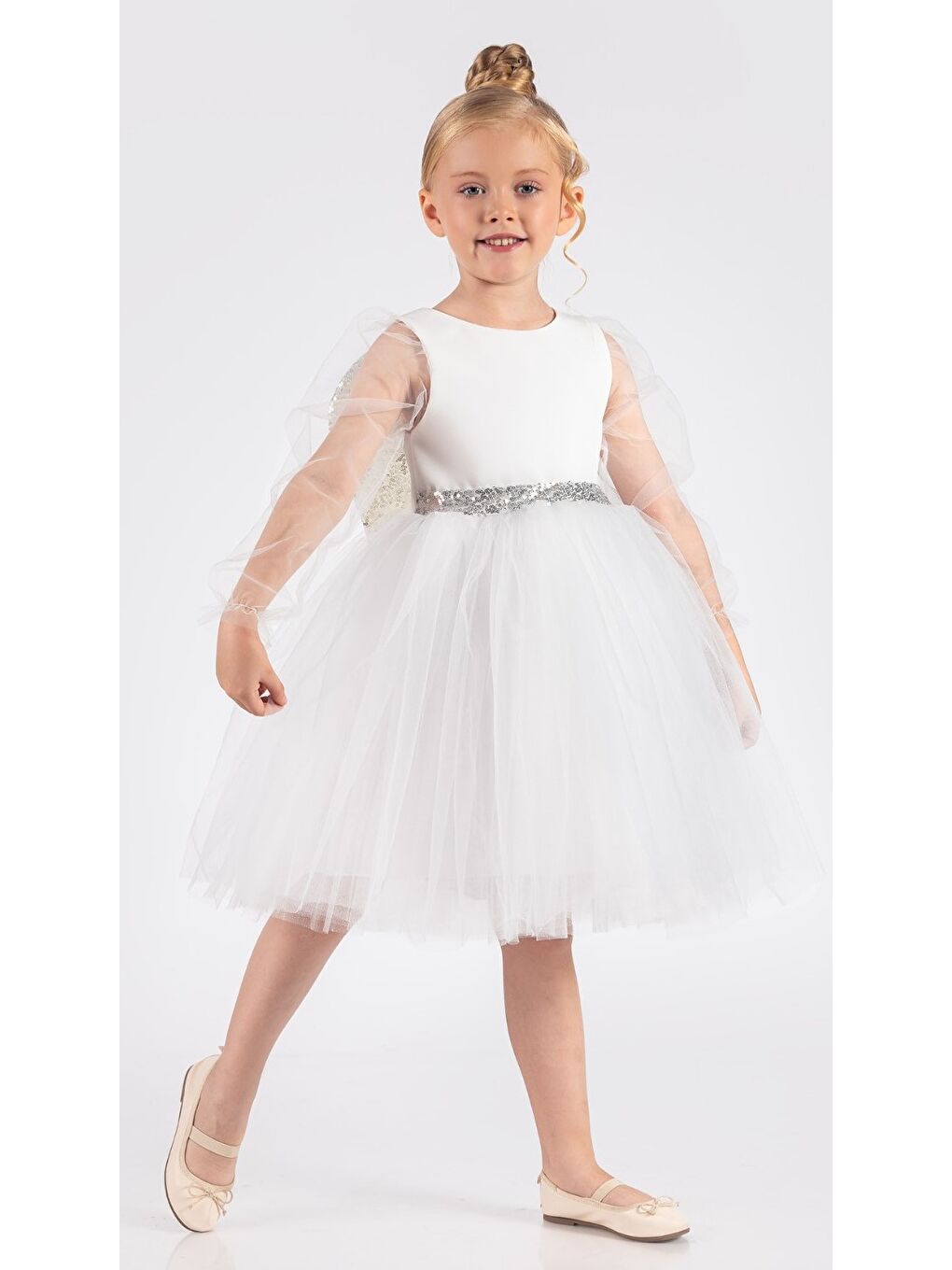 Beyaz Kanatlı Kız Çocuk Şifon Kol Abiye MNK0534-7