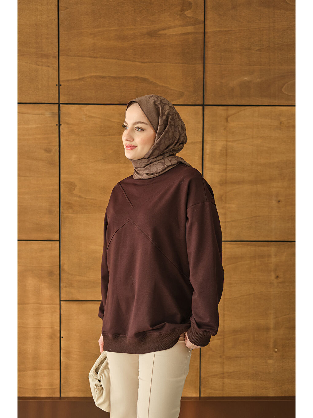 Kadın Dikiş Detay Tunik Kahverengi-2