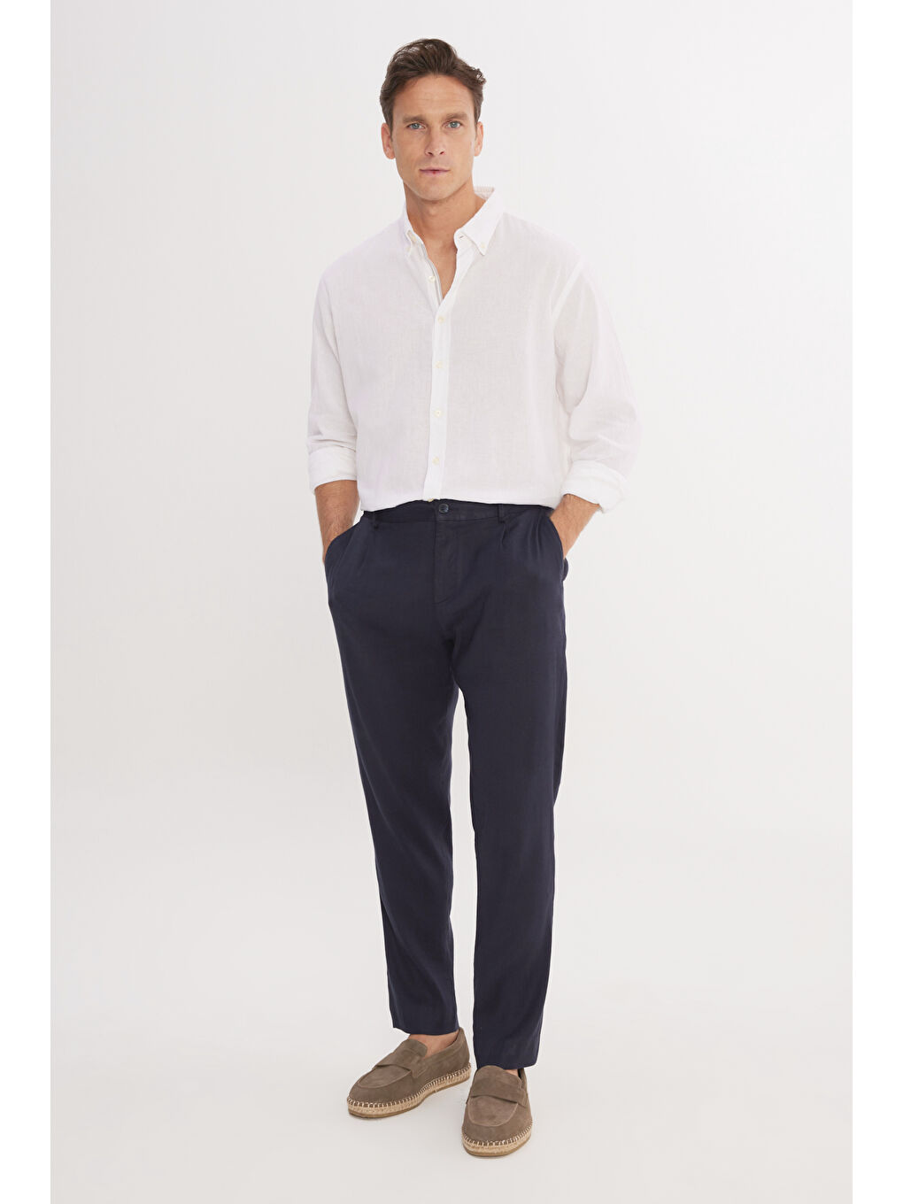 Erkek Lacivert Keten Slim Fit Dar Kesim Beli Lastikli Yan Cepli Esnek Pantolon-1