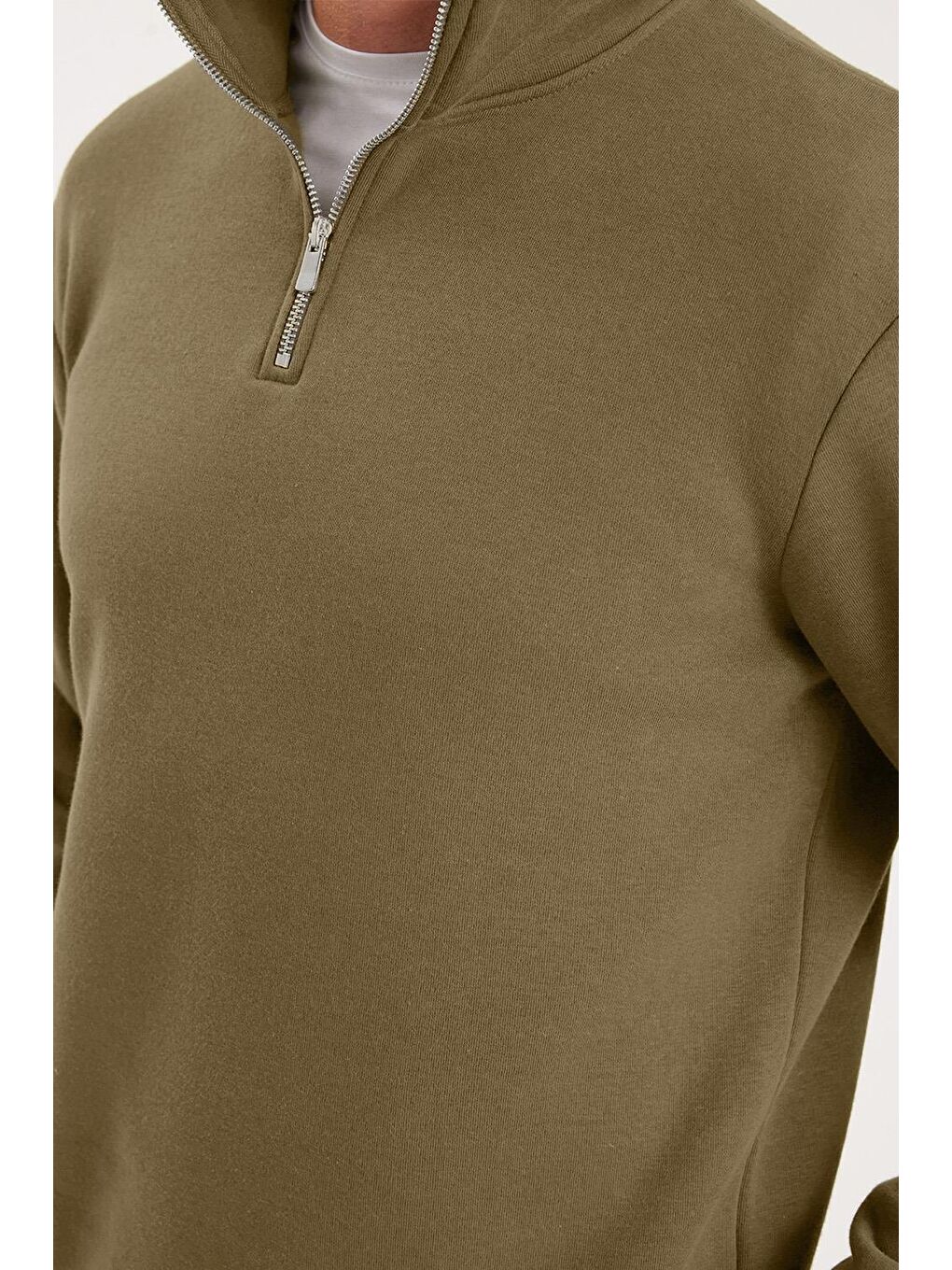 Unisex Relax Fit Rahat Kesim Pamuklu İçi Polarlı Yarım Fermuarlı Haki Dik Yaka Sweatshirt-2