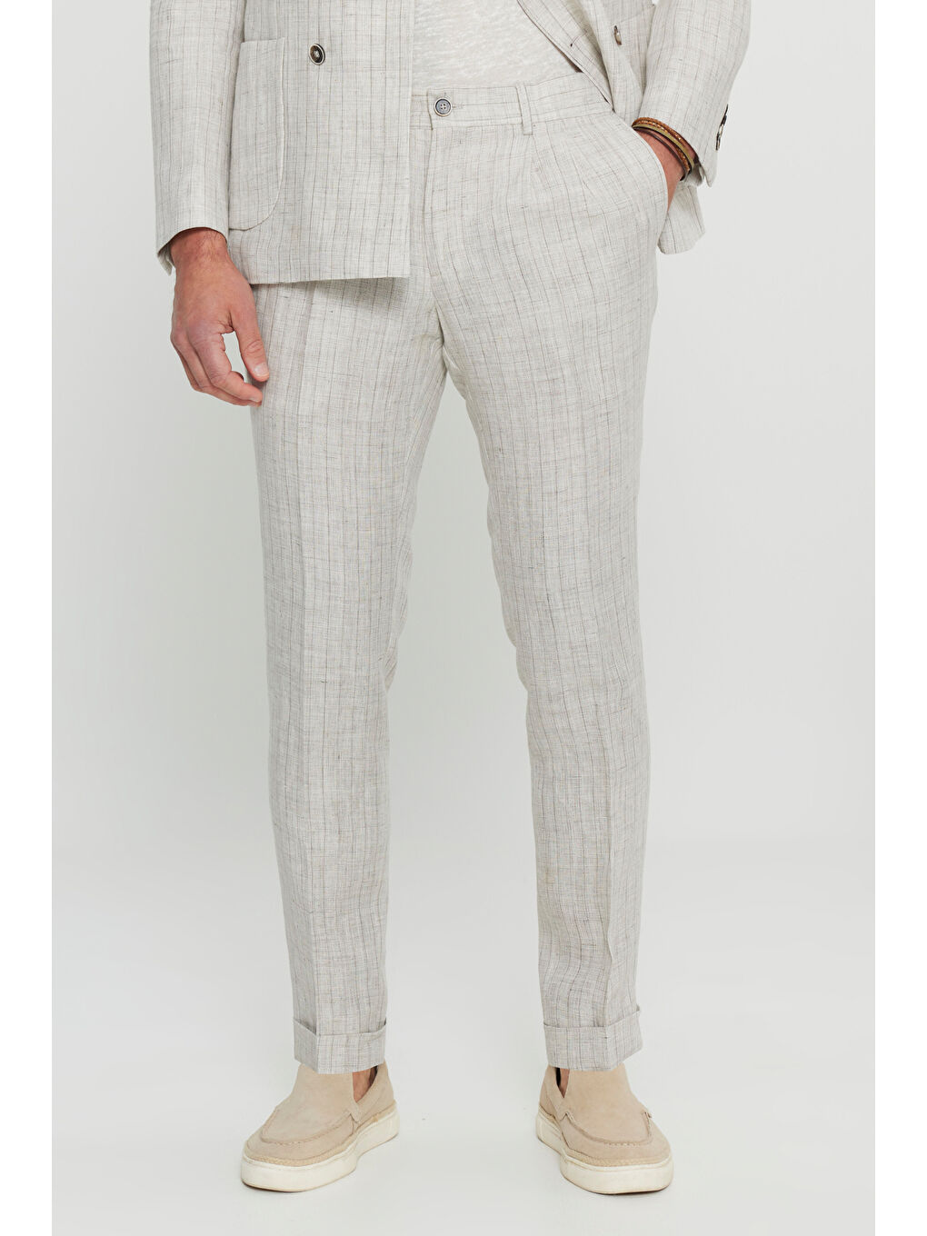 Erkek Bej %100 Keten Slim Fit Dar Kesim Kırlangıç Yaka Torba Cepli Kruvaze Takım Elbise-4