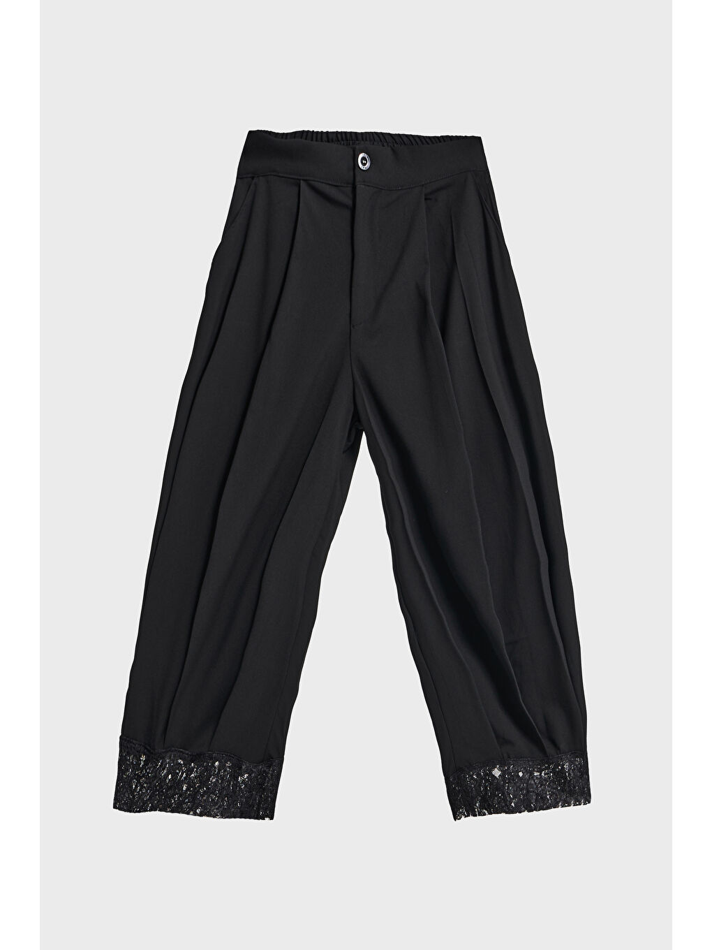 Kadın Siyah Renk Siyah Dantel Detaylı Bol Kesim Özel Tasarım Kumaş Pantolon-1