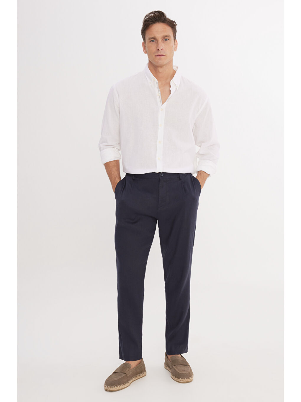 Erkek Lacivert Keten Slim Fit Dar Kesim Beli Lastikli Yan Cepli Esnek Pantolon-2