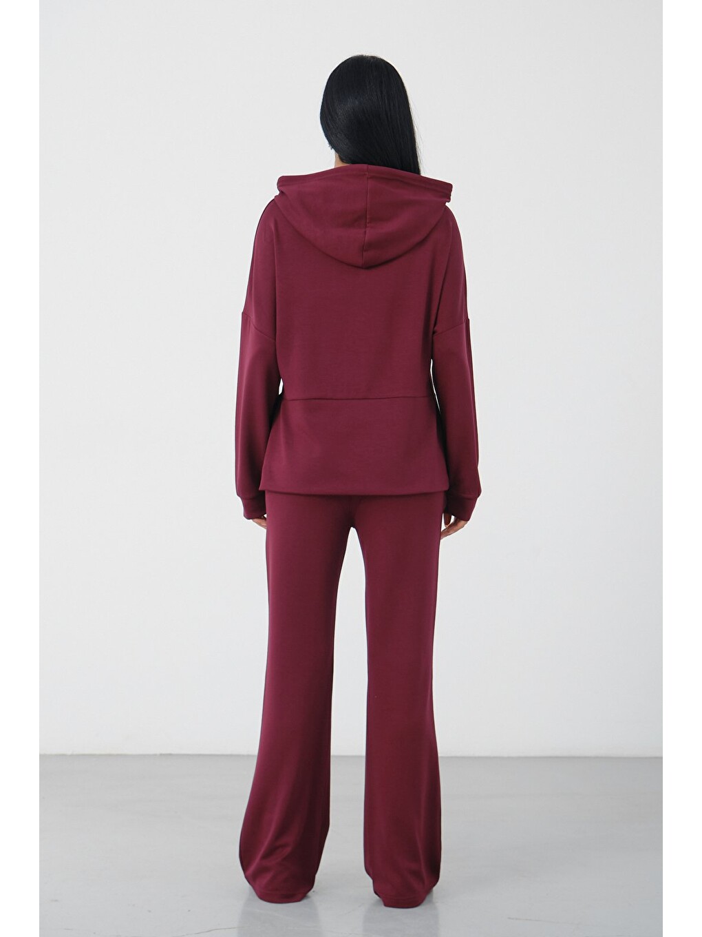 Bordo Kadın Kapüşonlu Salaş Takım Oversize Sweat ve Geniş Paça Alt-4