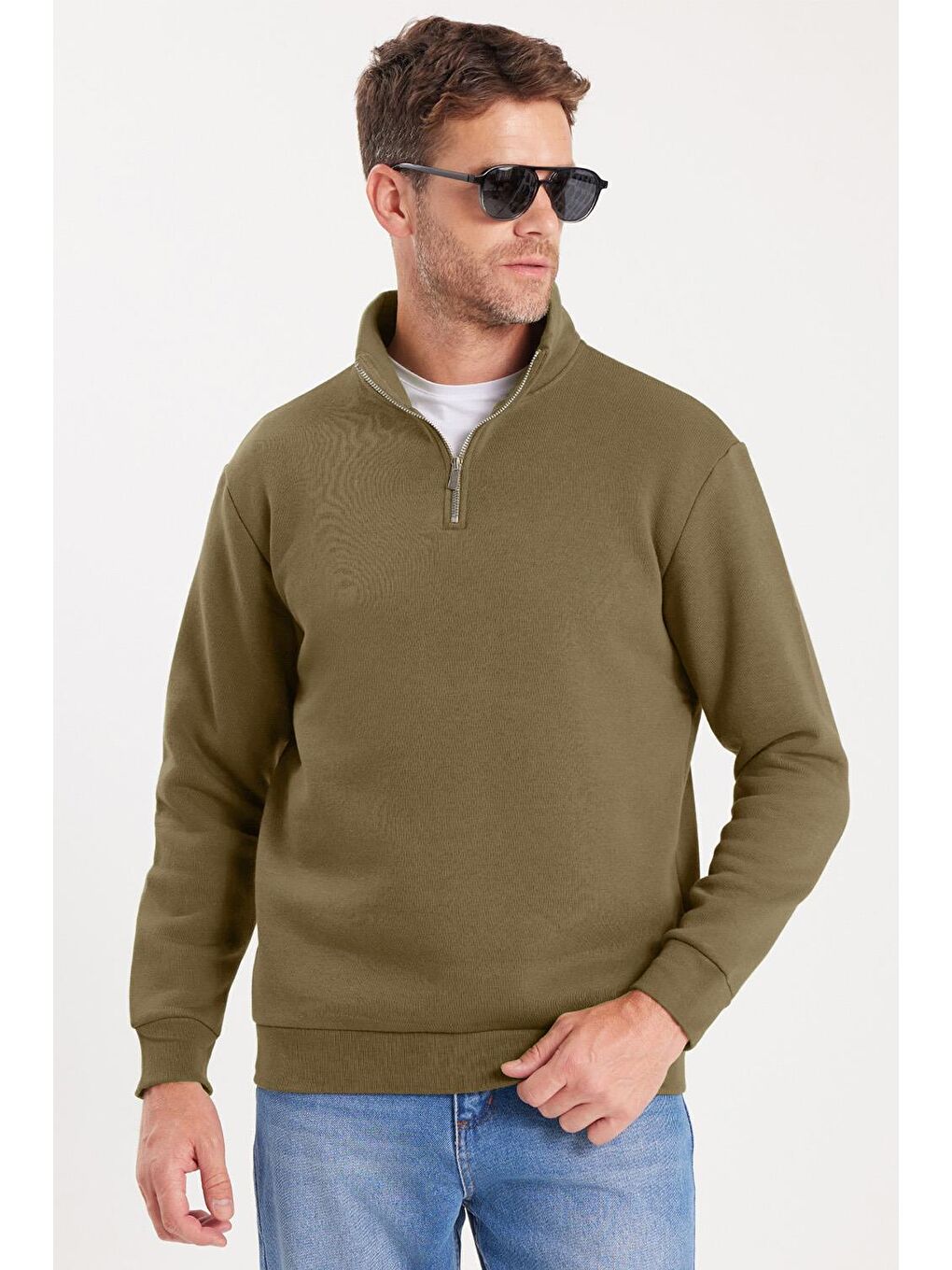 Unisex Relax Fit Rahat Kesim Pamuklu İçi Polarlı Yarım Fermuarlı Haki Dik Yaka Sweatshirt-3