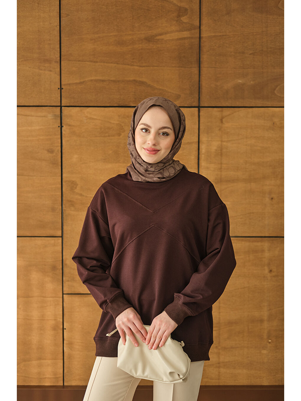 Kadın Dikiş Detay Tunik Kahverengi-3