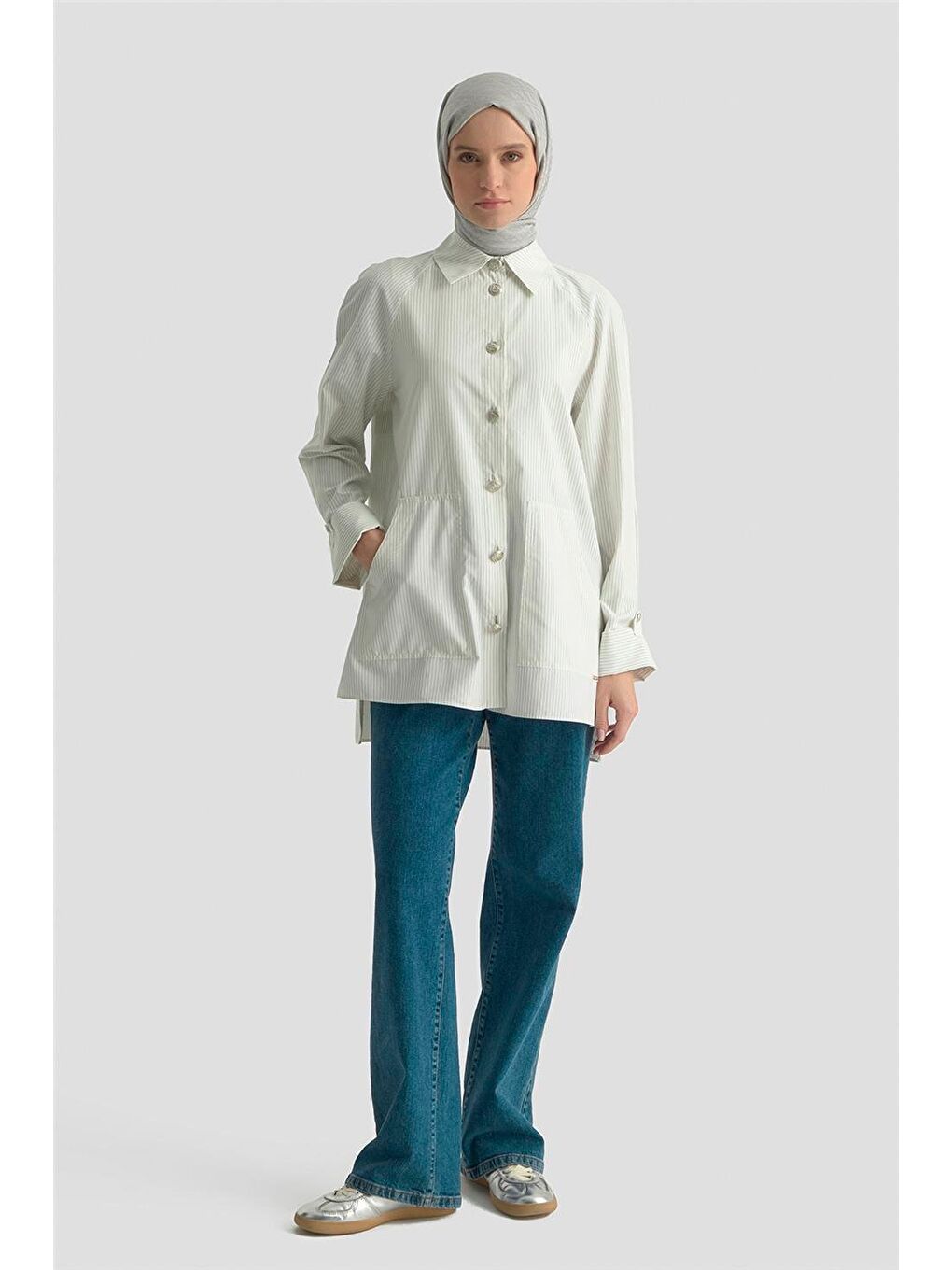 Çizgili Oversize Giy Çık 25Y5810 Beyaz