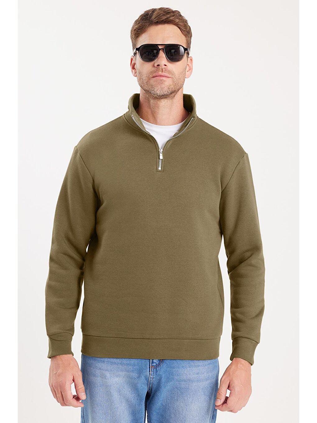 Unisex Relax Fit Rahat Kesim Pamuklu İçi Polarlı Yarım Fermuarlı Haki Dik Yaka Sweatshirt-4