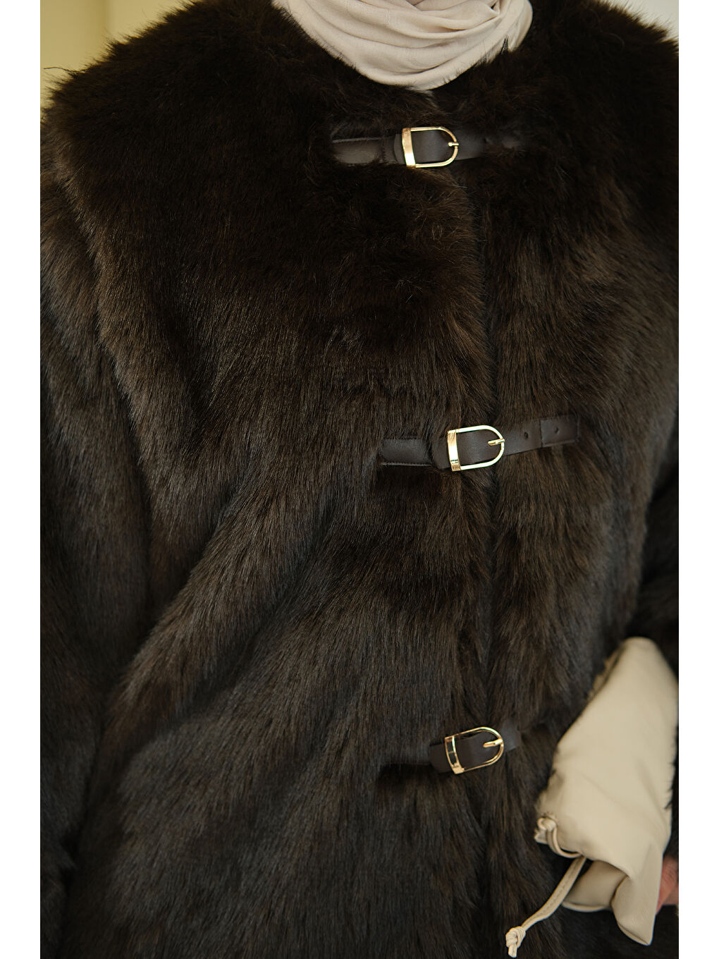 Kadın Deri Kemer Tüylü Uzun Kaban Kahverengi-4