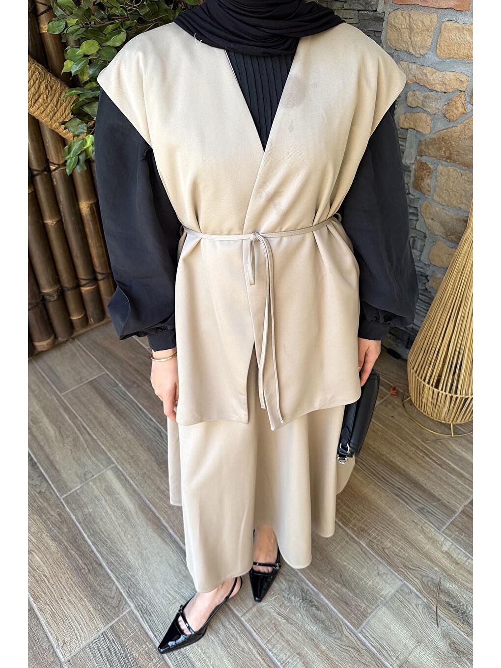 Bej Yelek-Etek İkili Tesettür Takım Vizonrengi-2