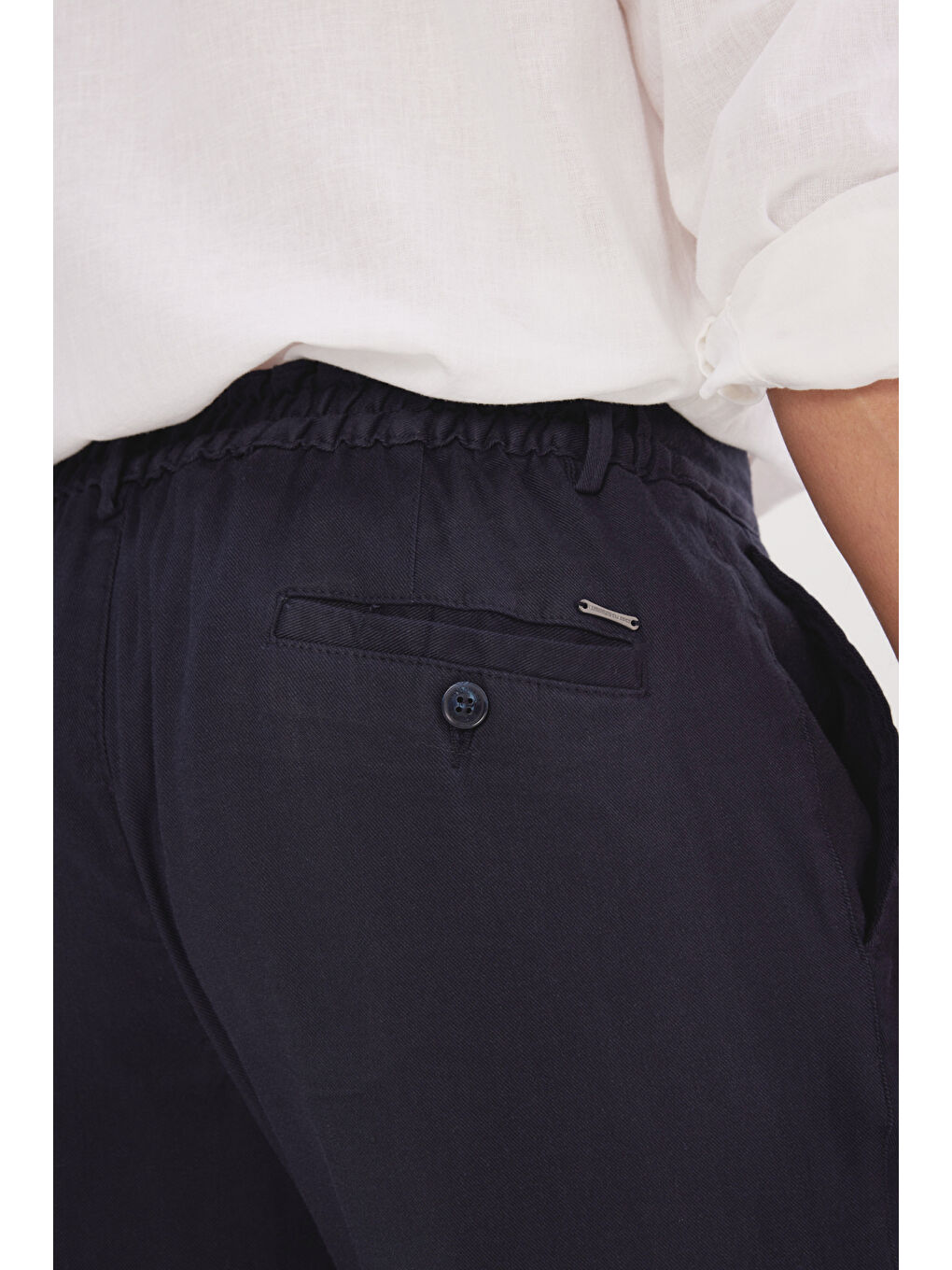 Erkek Lacivert Keten Slim Fit Dar Kesim Beli Lastikli Yan Cepli Esnek Pantolon-4