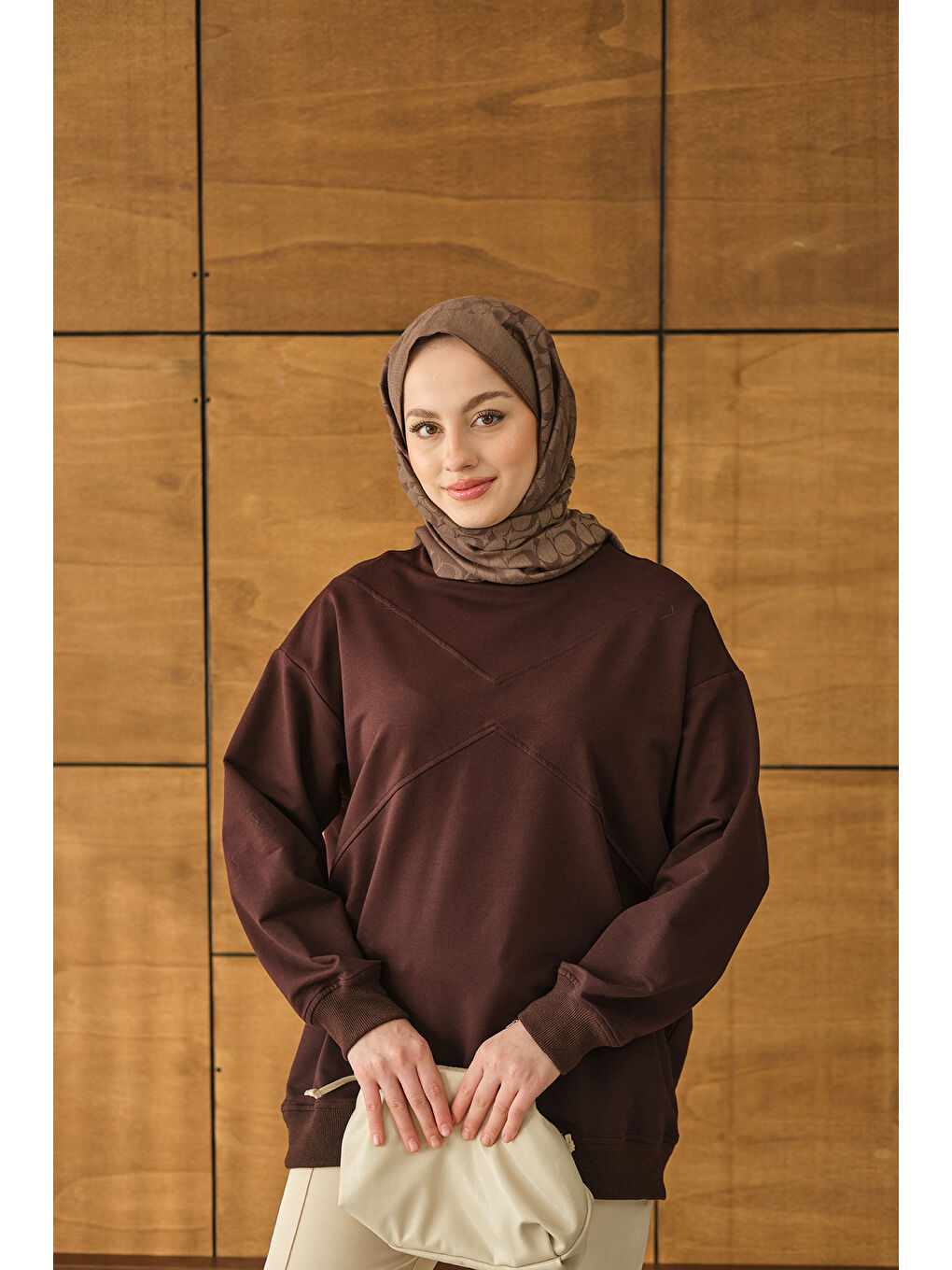 Kadın Dikiş Detay Tunik Kahverengi-4